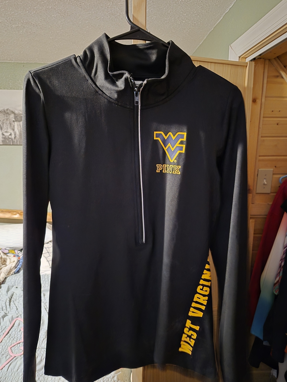 PINK Victoria's Secret Black West Virginia Quarter-Zip with Yellow Logo